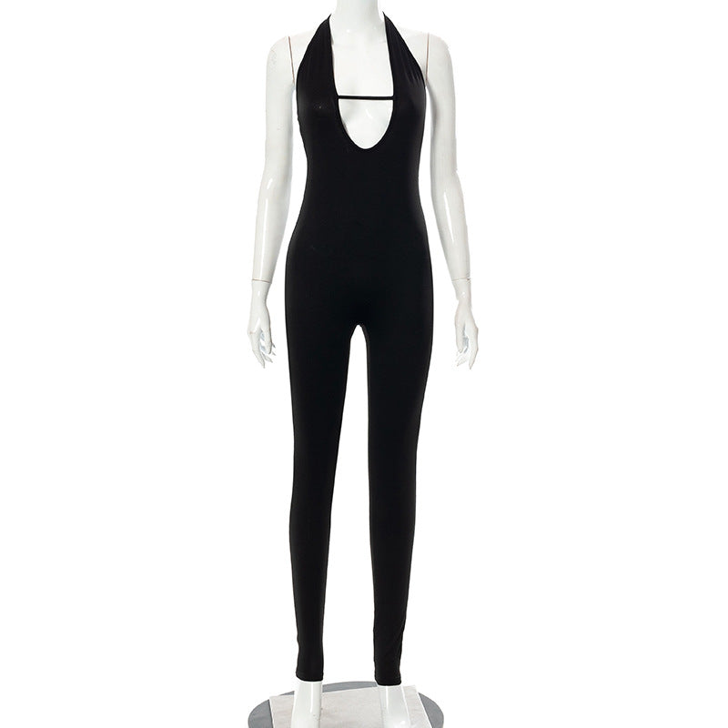 Women's Sleeveless Tight Halter Neck Solid Color Jumpsuit