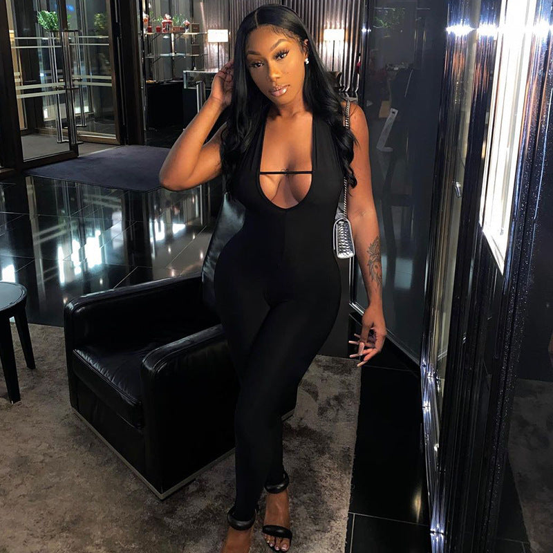 Women's Sleeveless Tight Halter Neck Solid Color Jumpsuit