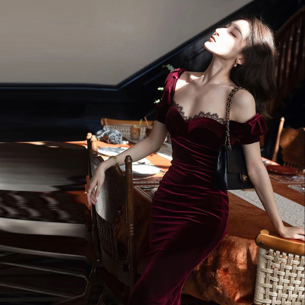 Elegant Velvet Lace Burgundy Annual Meeting Burgundy Dress