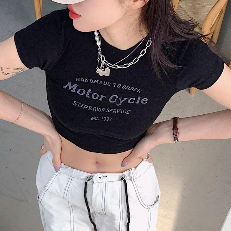 European And American Spicy Girl Style Letter Embroidery Short Sleeve