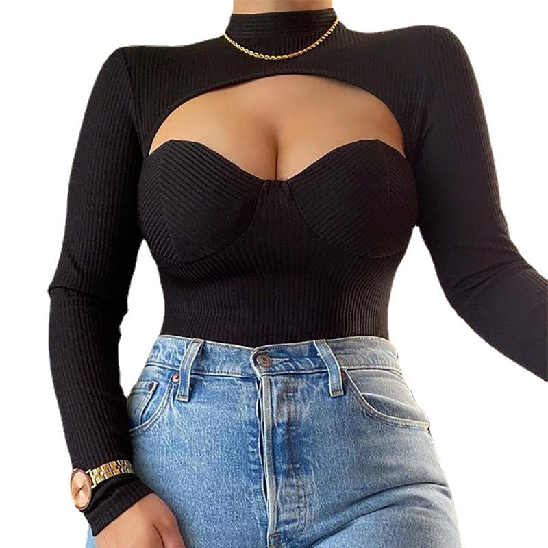 Round Neck Long Sleeve Fashion Personality Low Cut T Shirt