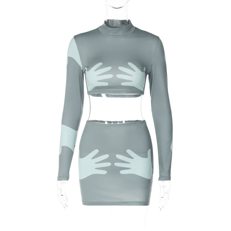 Fashion Print Crop Long Sleeve Top Slim Short Style Skirt Suit
