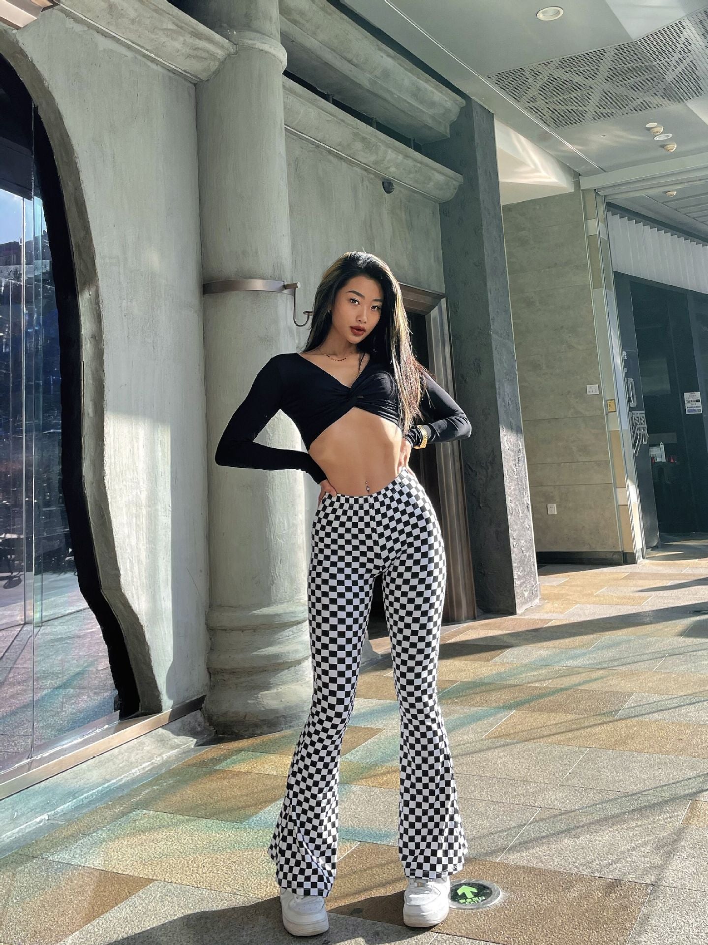 Chessboard Plaid Bell-bottom Pants Female Fitness Yoga Wear