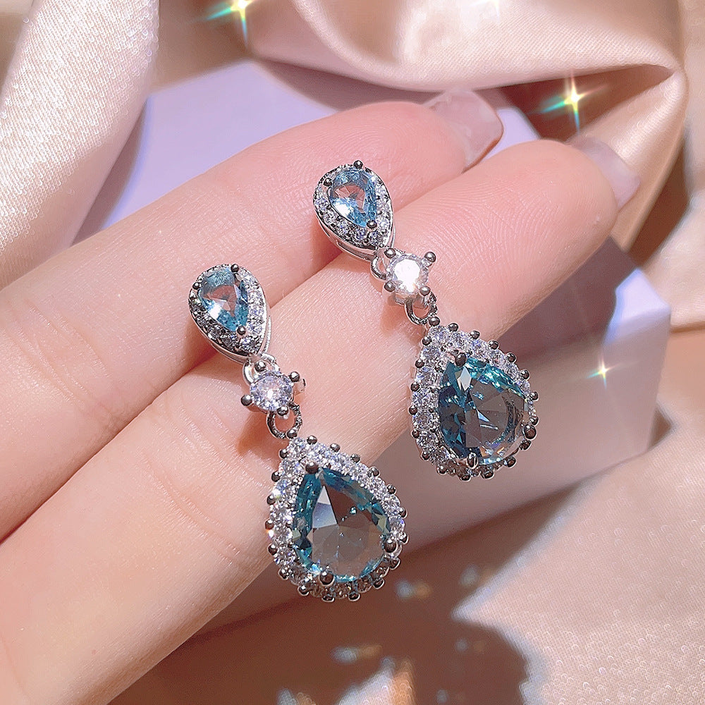 Women's Inlaid Blue Zircon Ring Earrings Necklace