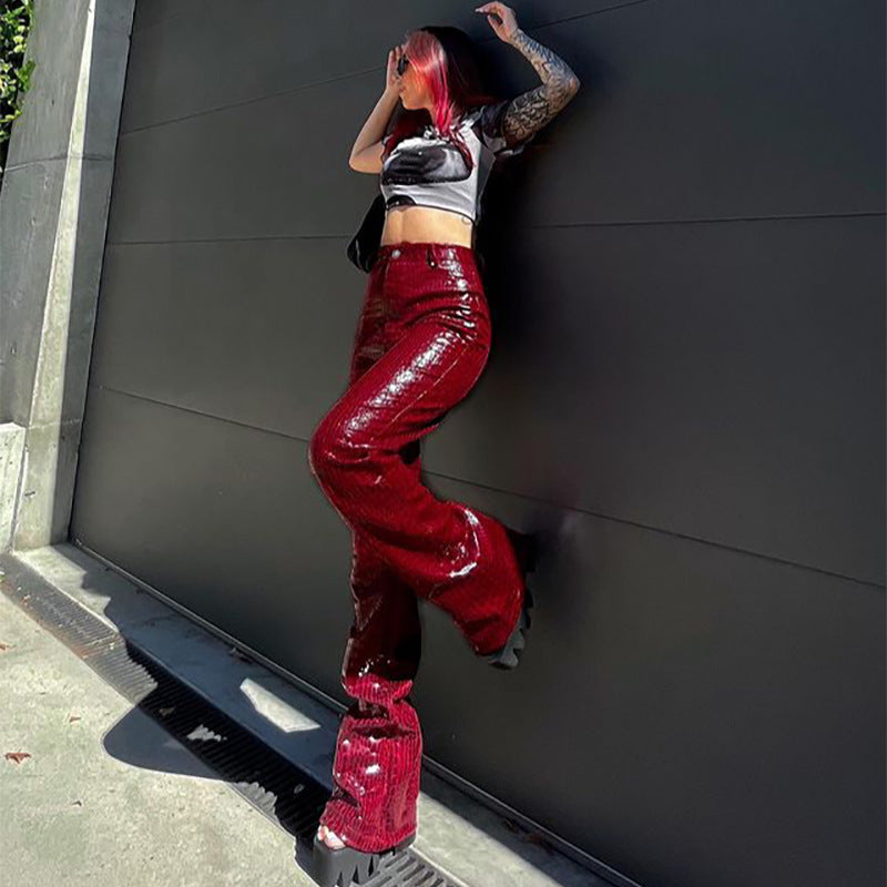 Leather Pants Women's High-waisted Micro-horn Temperament PU Trousers