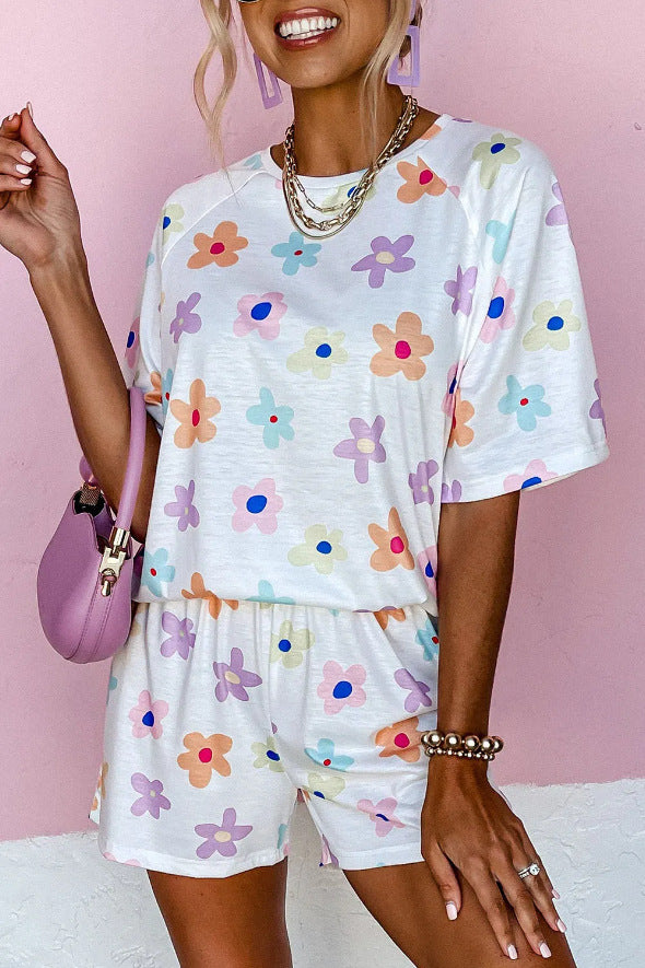 New Lady's Flower Printed Short-sleeved Shorts Suit Home Wear