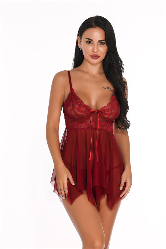 V-neck Open-back Lace Suspender Nightdress Set