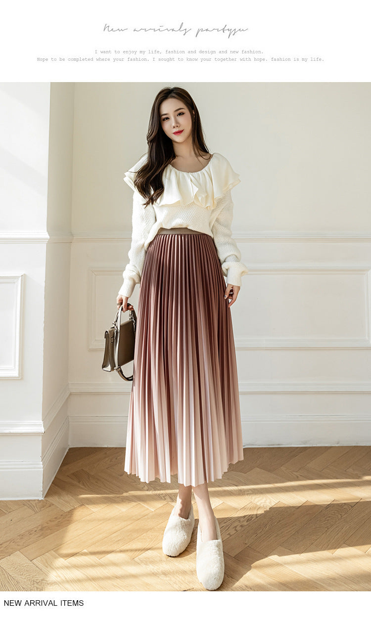 Niche Gradient Color Pleated High-grade Drape Mid-length Skirt