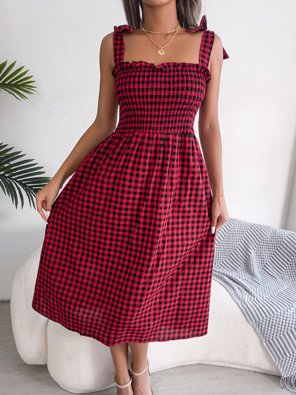 Casual Lace Up Color-contrast Check Skirt Mid-length Dress