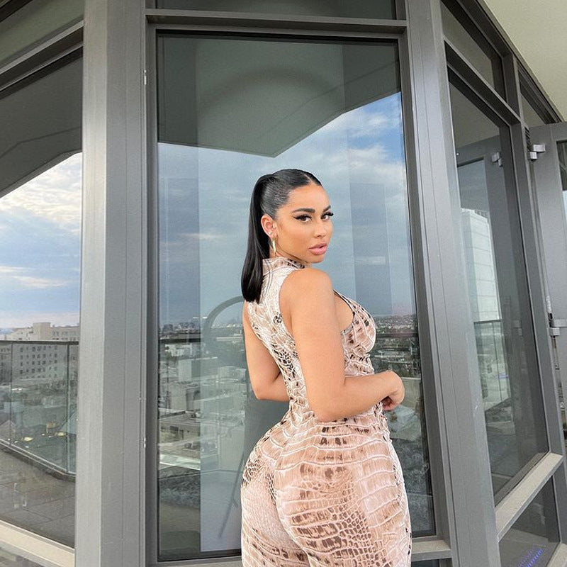 Snake Print Sleeveless V Neck High Waist Hip Raise Jumpsuit