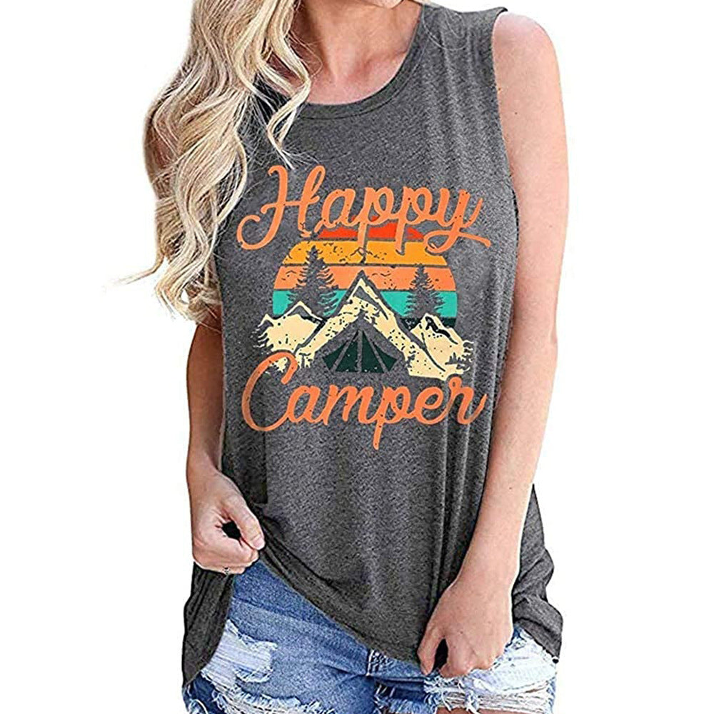 Happy Pattern Printed Round Neck Sleeveless T-shirt Women