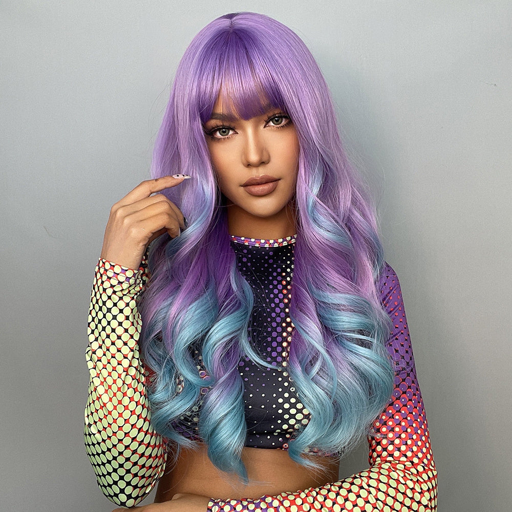 Cosplay Colored Wig With Long Curly Bangs And Purple Gradient Blue Hair