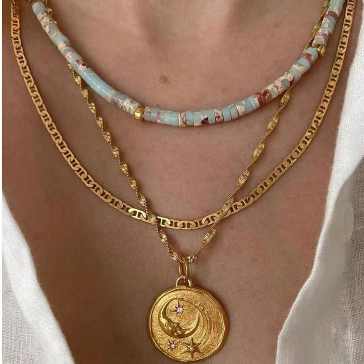Star Moon Circle Card Stacked Necklace