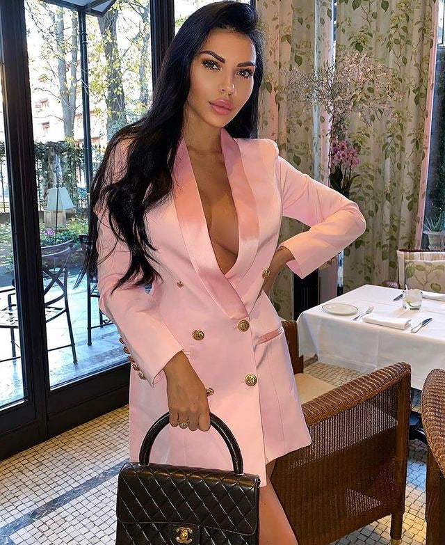 Sexy Fashion Lapel Deep V Button Long Sleeve Shoulder Pad Dress