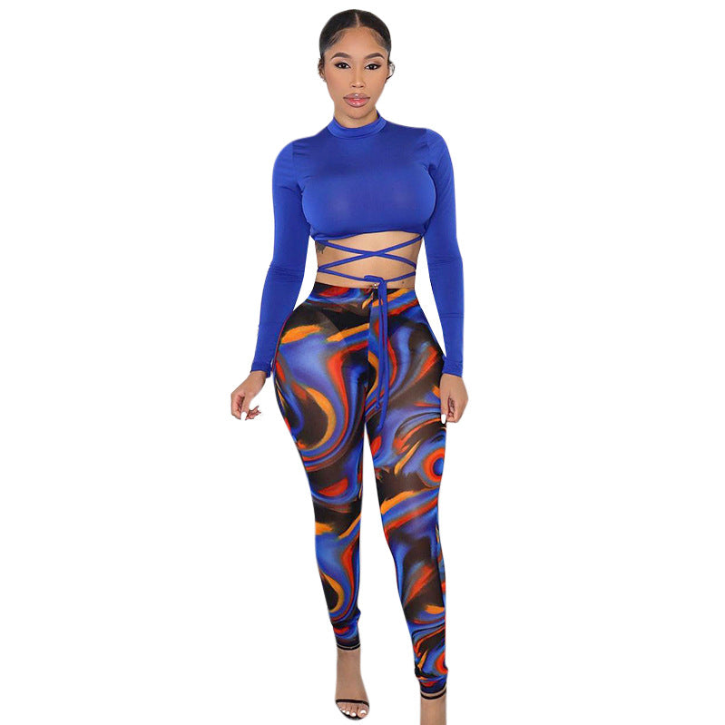 Women's Casual Printing Round Neck Long Sleeve Strap Suit
