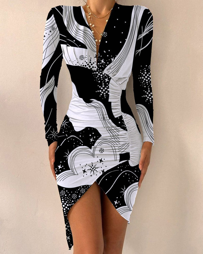 Long Sleeve V Neck Printed Skinny Slit Dress Women's