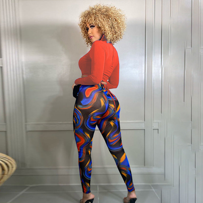 Women's Casual Printing Round Neck Long Sleeve Strap Suit