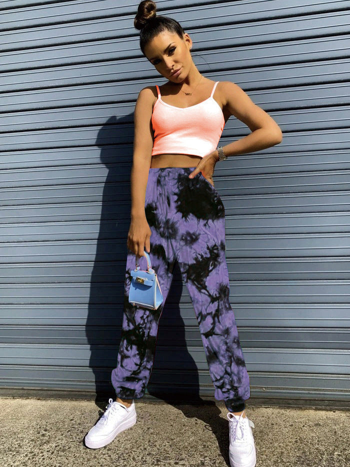 Women's Elastic High Waist Tie Dye Rainbow Slim Casual Pants