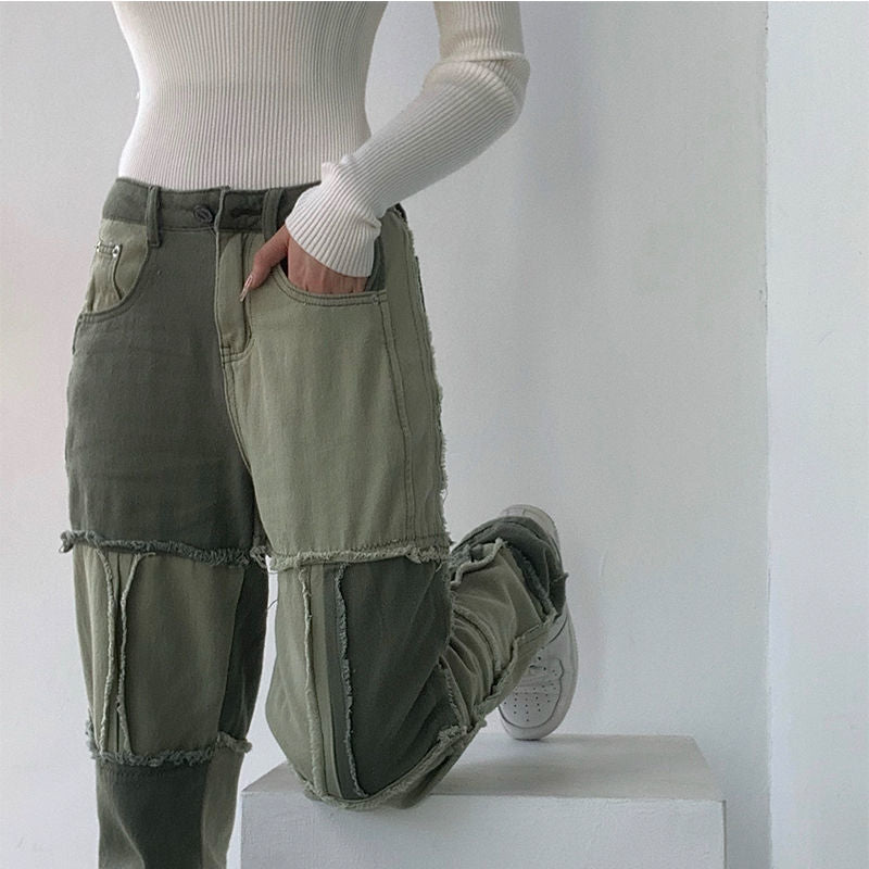Stitching Contrast Color High Waist Straight Jeans Trendy Women