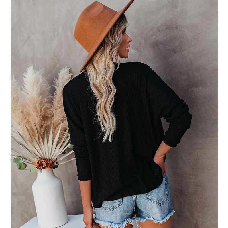 Casual Solid Color Long Sleeve V-Neck T-Shirt Top