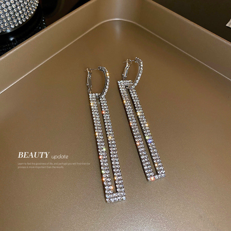 Silver Needle Fashion Diamond Rectangle Earrings Personality