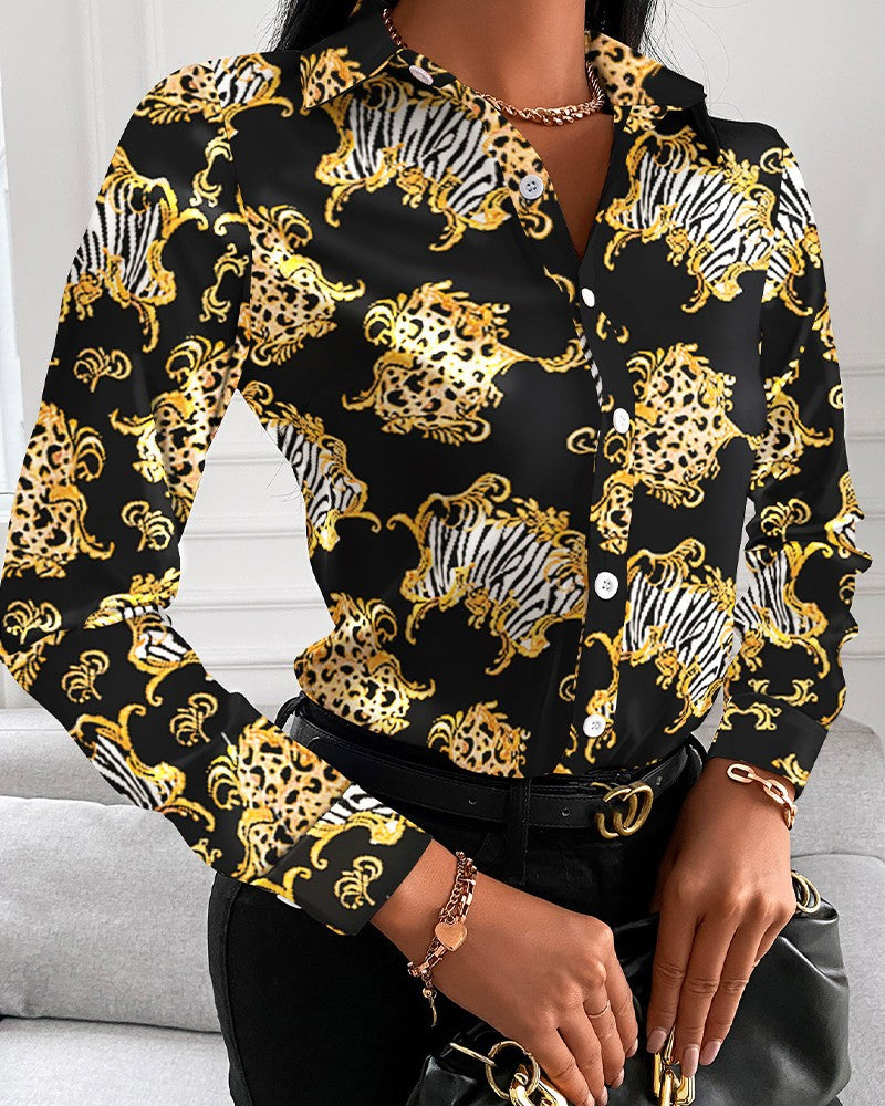 Loose Long Sleeve V Neck Button Print Shirt Women