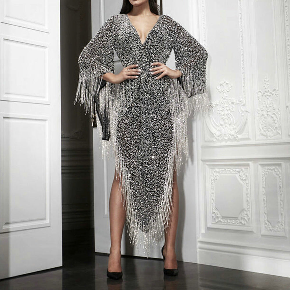 Shiny Long-sleeved Fringed Deep V Belt Dress Skirt Dress Women