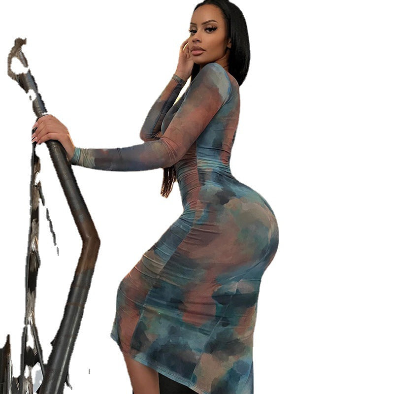 Women's Fashion Round Neck Print Long-sleeved Pullover Slim Package Hip Dress