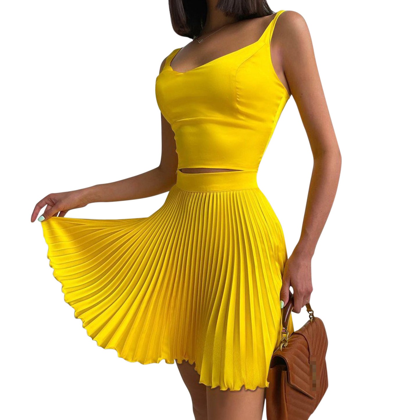 Sexy Two-piece Sleeveless Vest Pleated Skirt