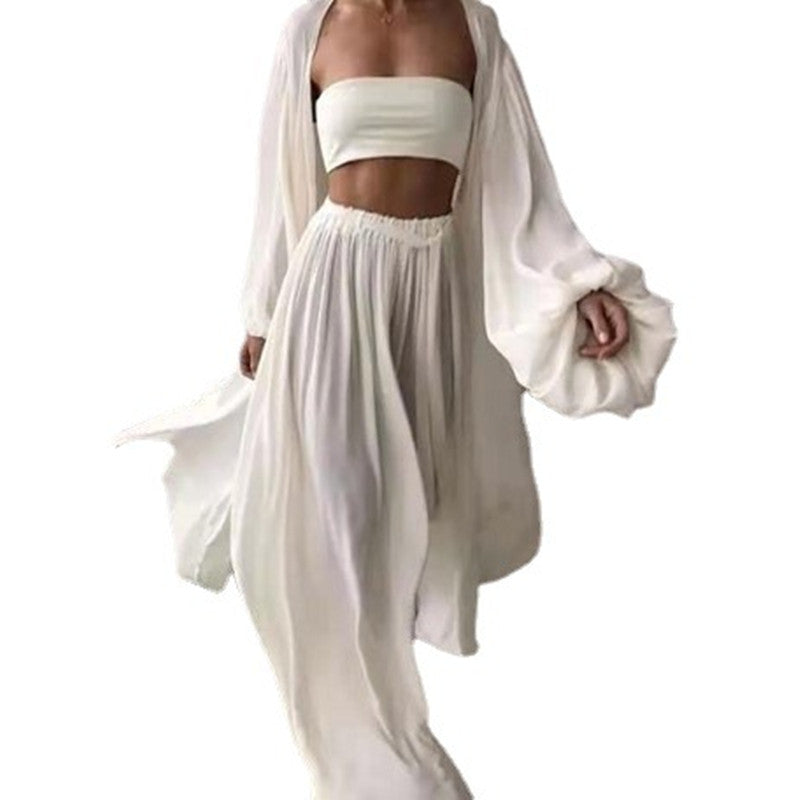 Women's Fashion Simple Solid Color Jacket 3 Pieces Set
