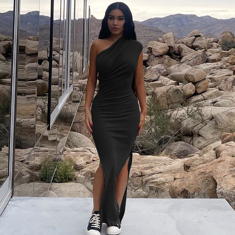 Women's Fashion Casual Pleated Slanted Shoulder Slit Slim Dress