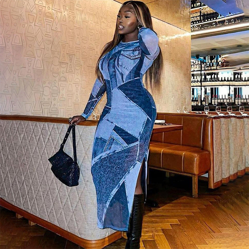 Women's Fashion Casual Denim Printing Round Neck Long Sleeve Slim Dress