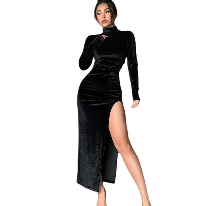 Turtleneck Duraplush Long Skirt Slim-fit Pleated Slit