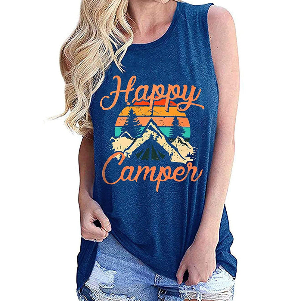 Happy Pattern Printed Round Neck Sleeveless T-shirt Women
