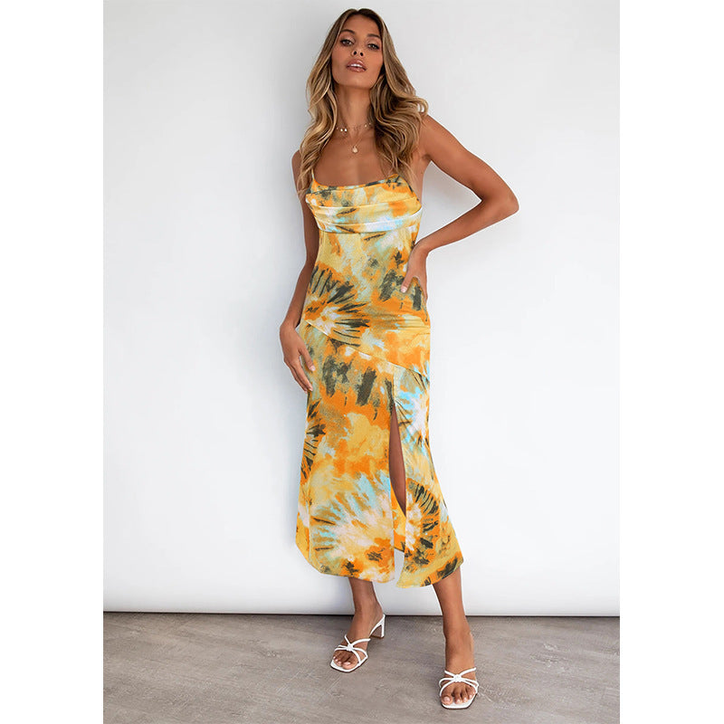 New Hit Color Asymmetric Split Tie-Dye Suspender Skirt