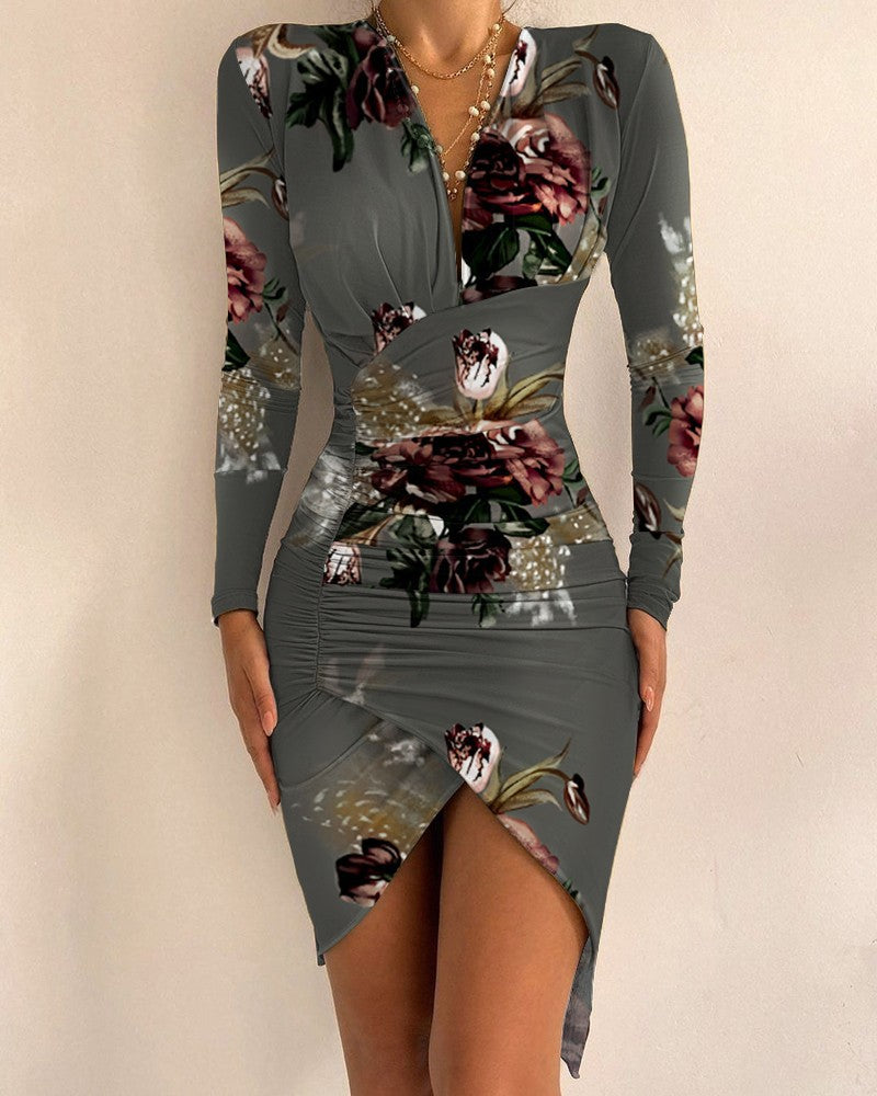 Long Sleeve V Neck Printed Skinny Slit Dress Women's