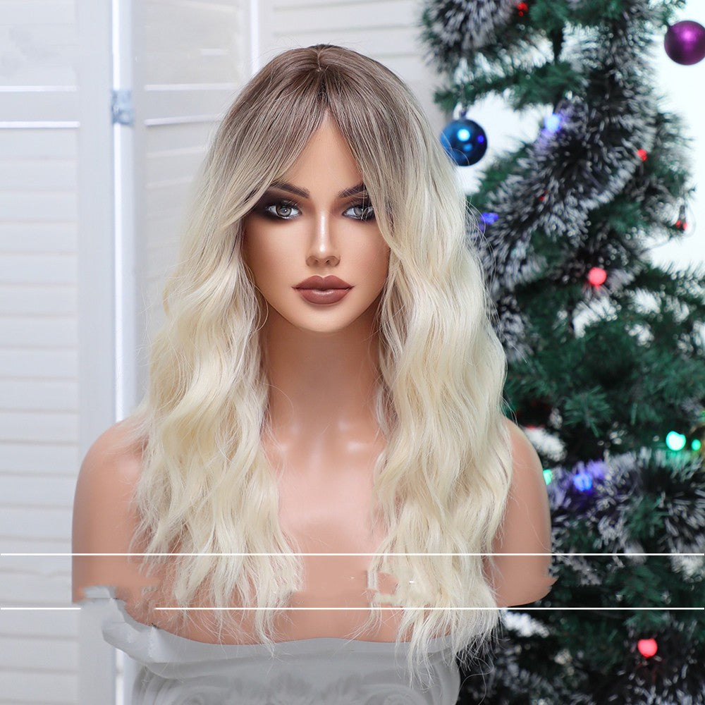 Qi Bangs Gradual Blonde Brown Long Curly Wig Female