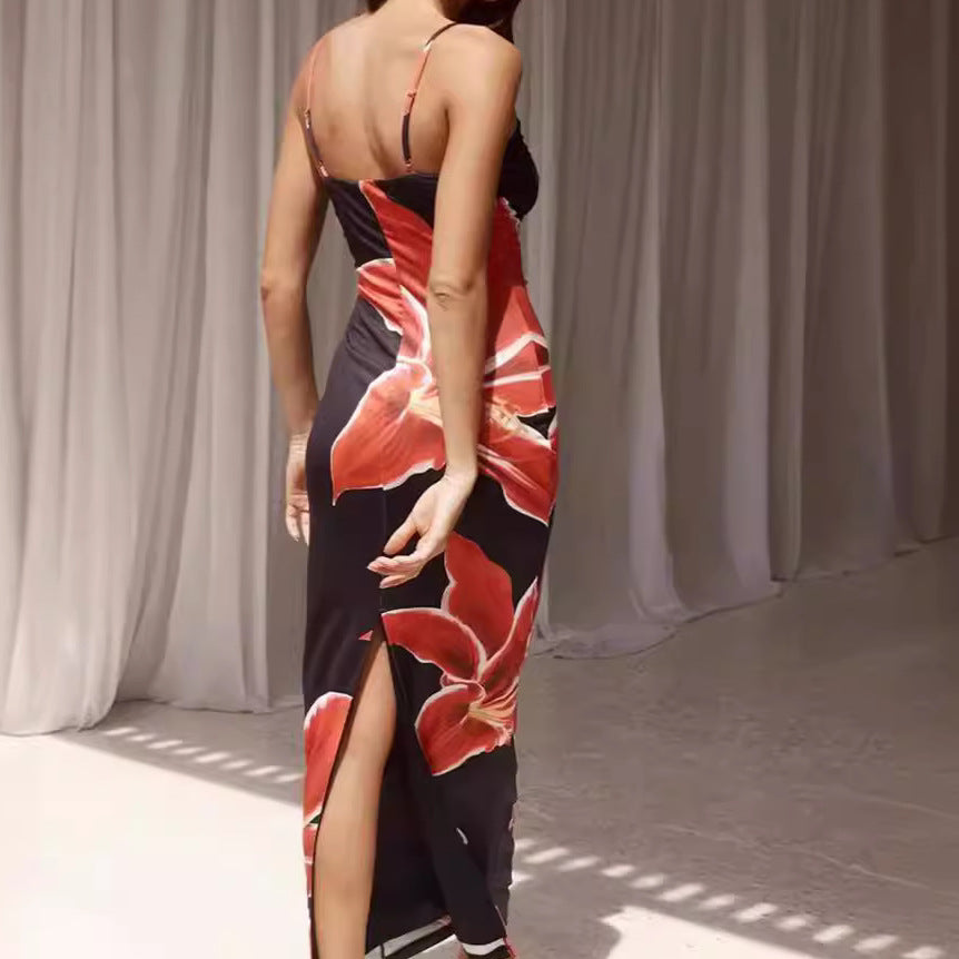 Women's Summer Fashion Suspenders Slim-fit Slit Hip-wrapped Floral Dress