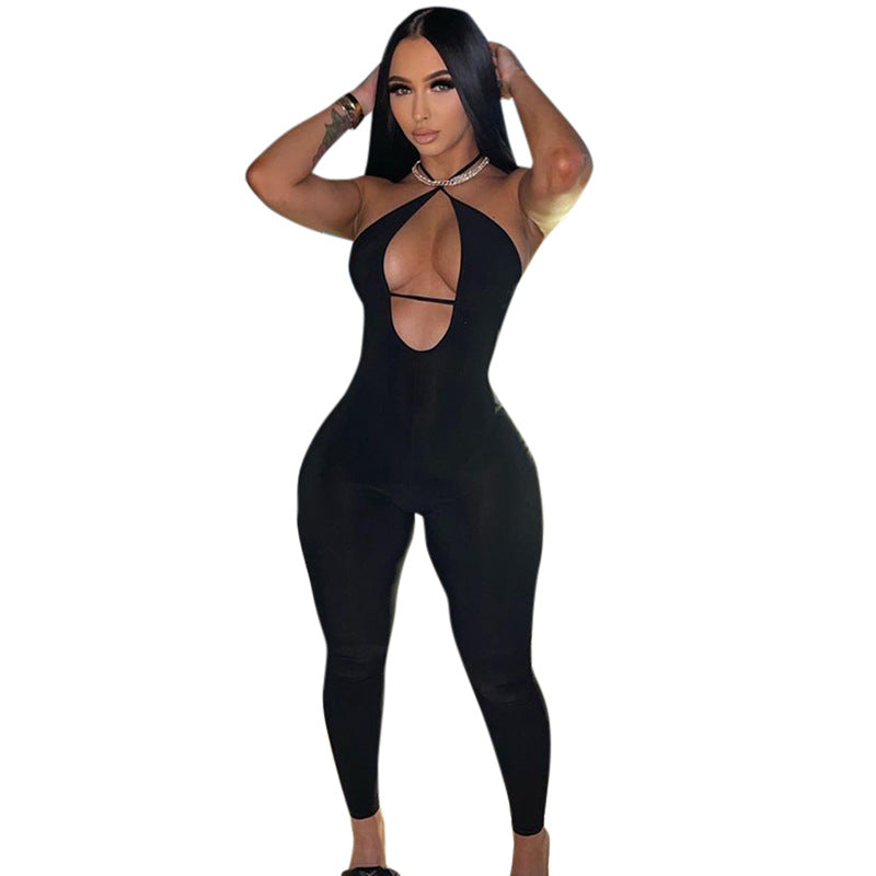 Women's Sleeveless Tight Halter Neck Solid Color Jumpsuit