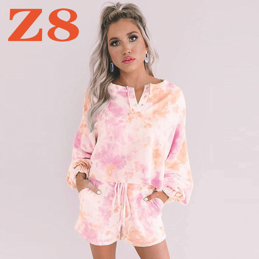 Tie Dye Print Loose T-Shirt Pullover Long Sleeve Shorts Set