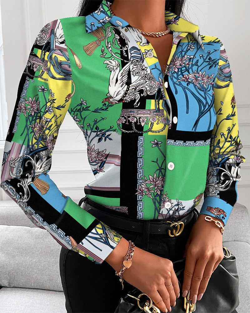 Loose Long Sleeve V Neck Button Print Shirt Women