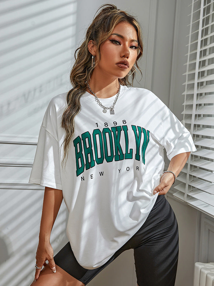 Summer Fashion Casual European And American Pattern Printing Large Size Drop Shoulder Women's T-shirt