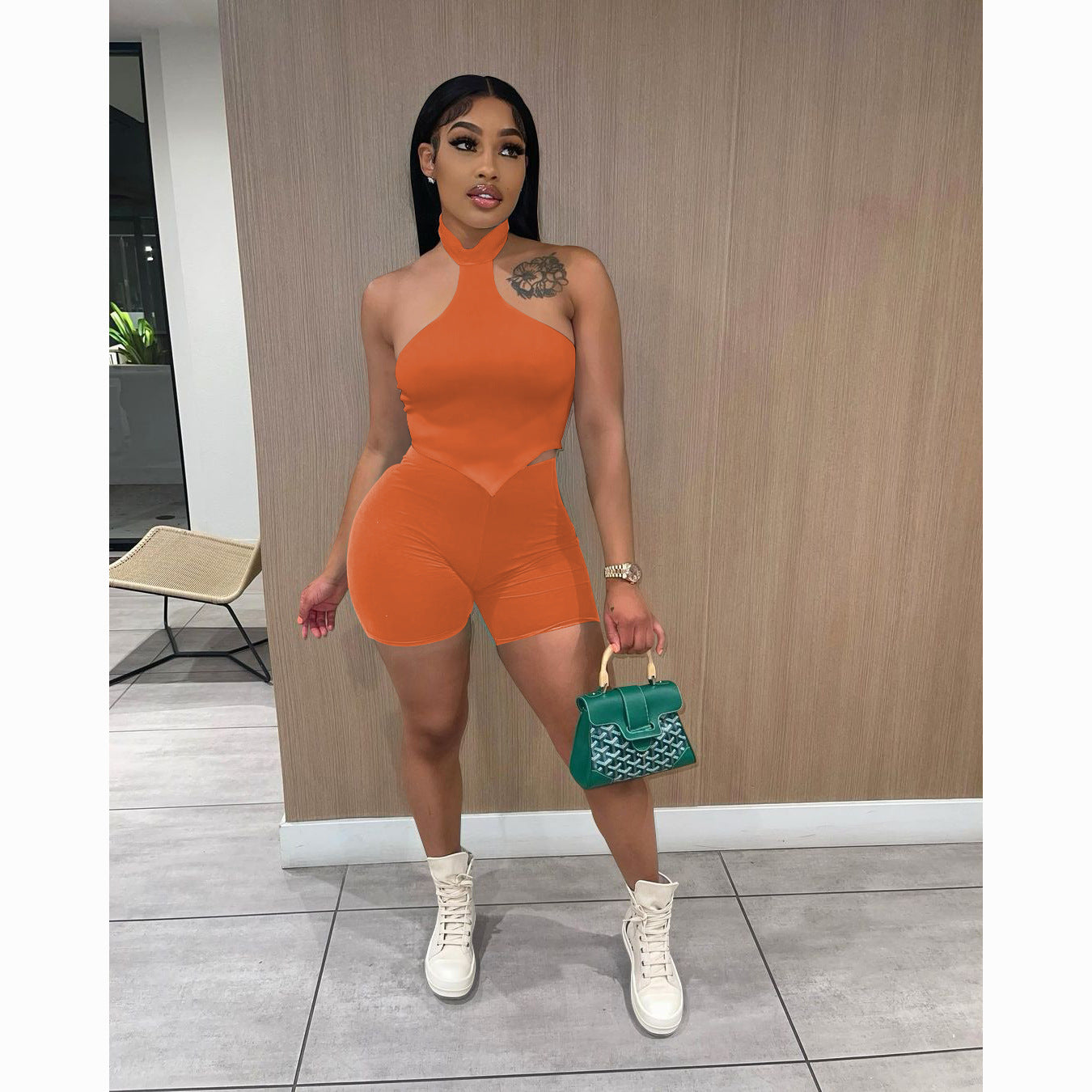 Women's Summer Halter Neck Back Short Sleeve Shorts Suit