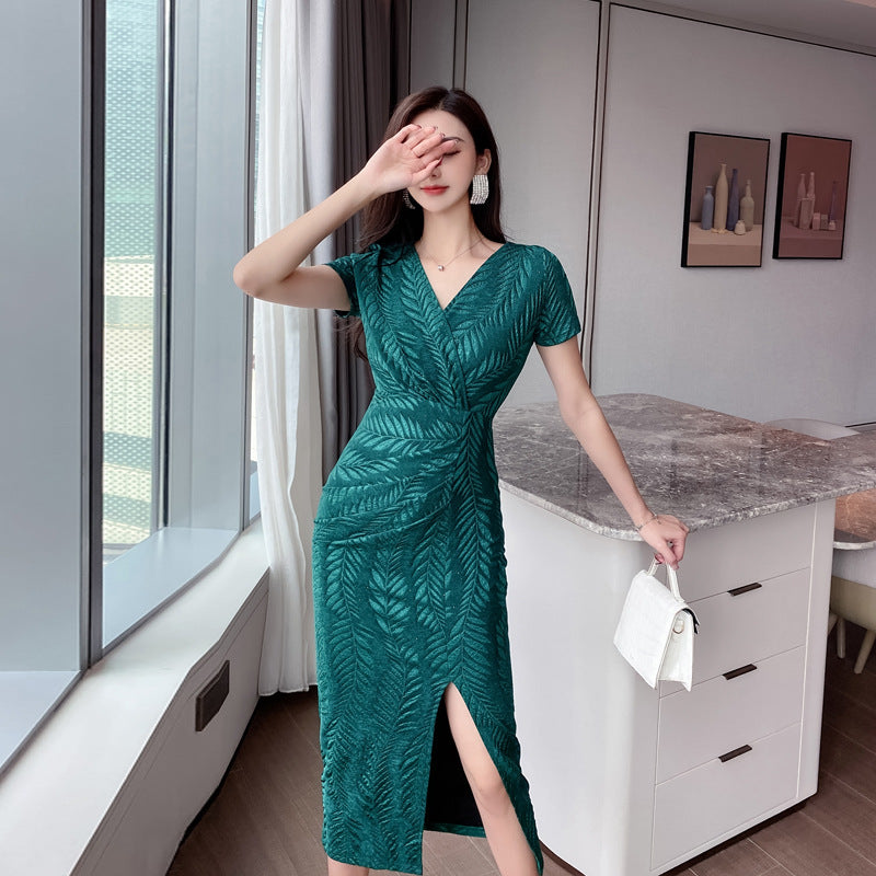 Ladies Neat Waist Slim Jacquard Leaf Knit Cotton Skirt
