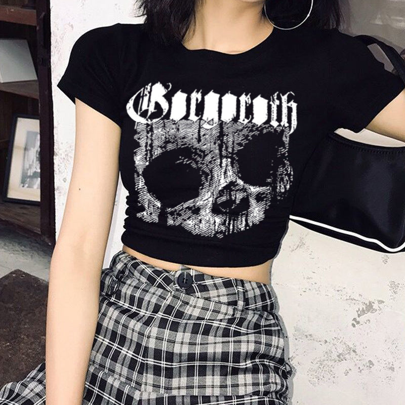 Vintage Short Sleeve T-shirt 90s Gothic Harajuku Print Pattern Croptop Skeleton Skull Female Top