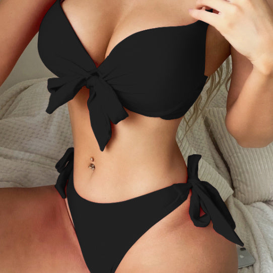 Women's Bikini Solid Color Backless Knotted Swimming Suit