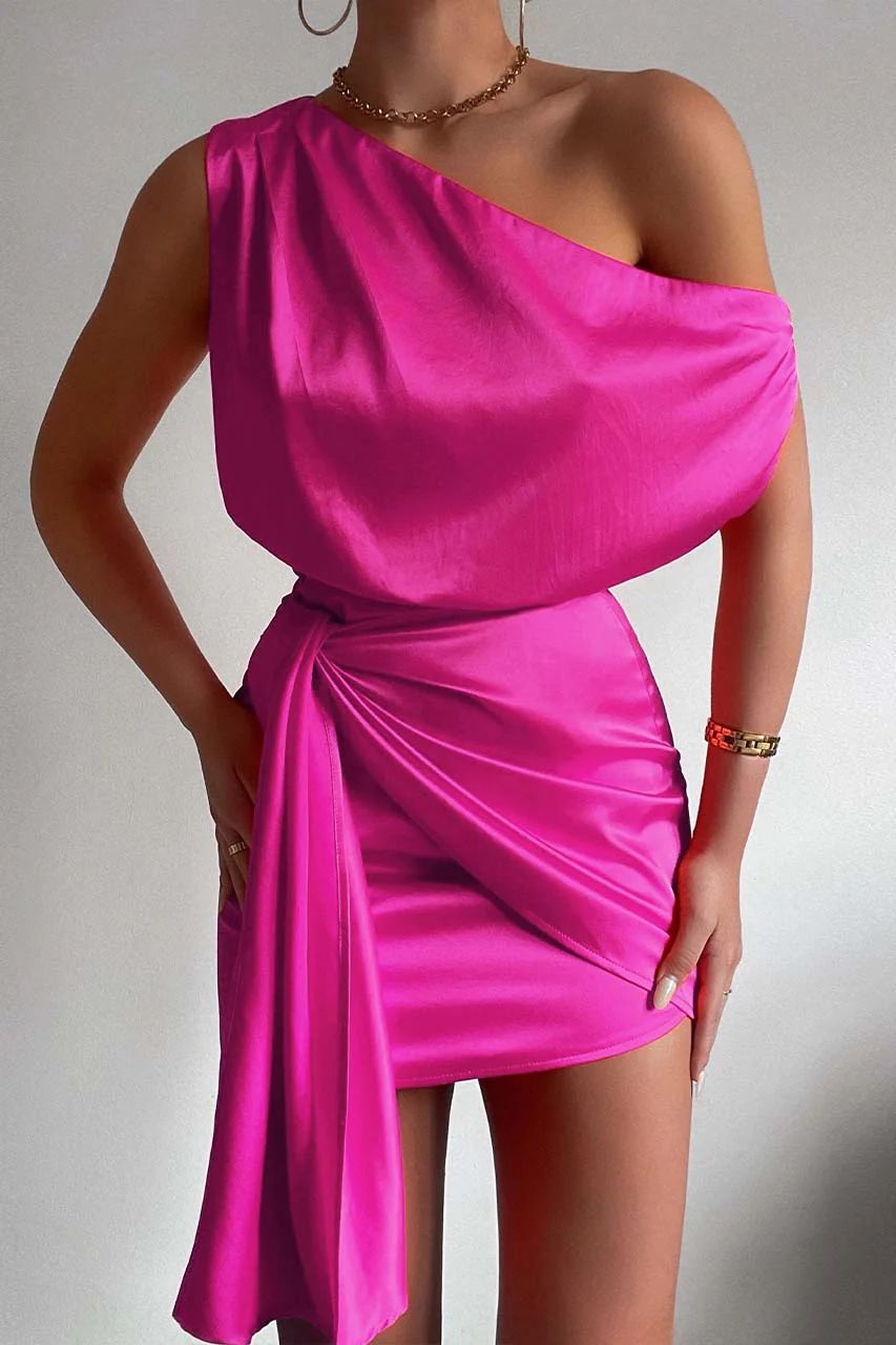 Solid Color Shoulder Sleeveless Diagonal Collar Mid Waist Lace-up Irregular Dress