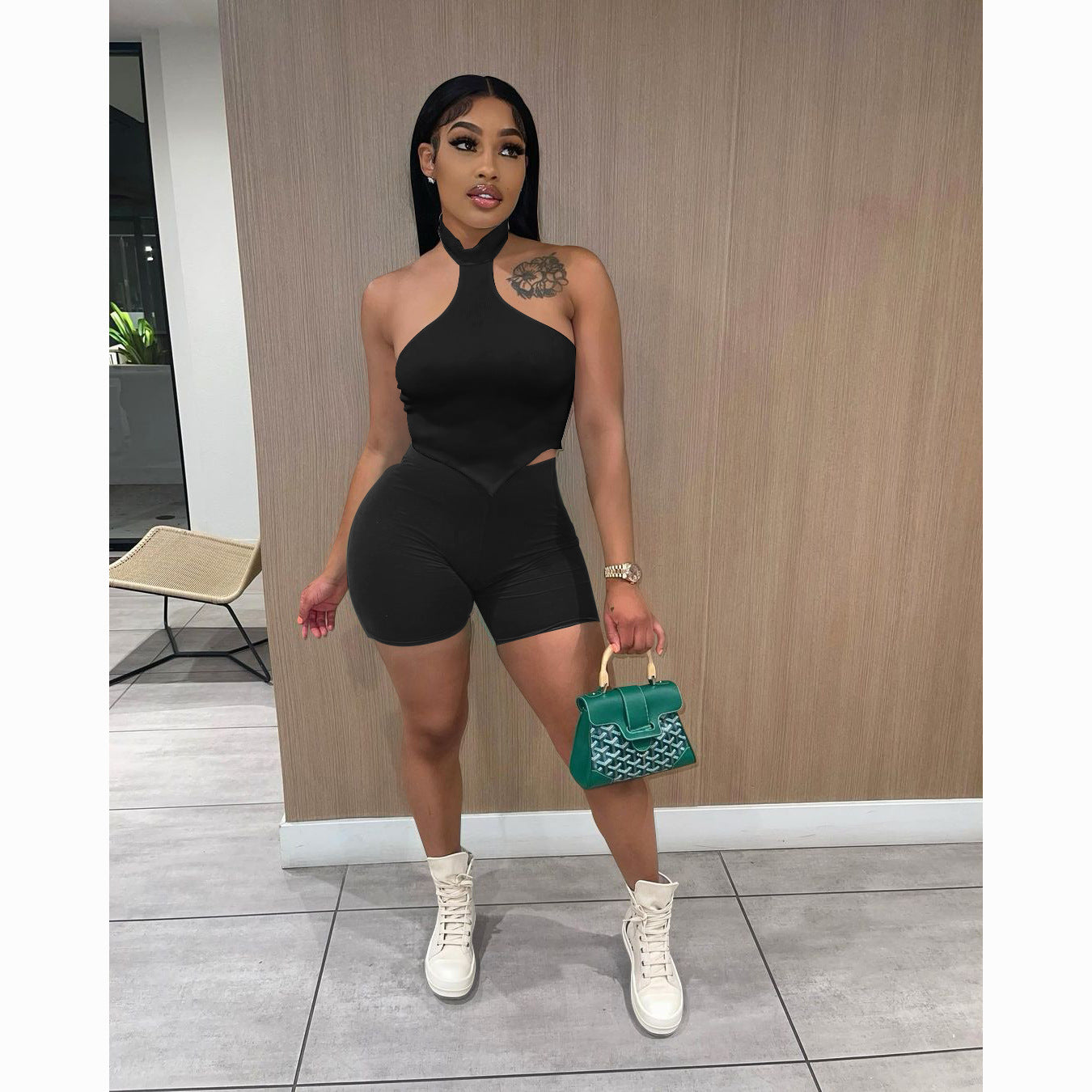 Women's Summer Halter Neck Back Short Sleeve Shorts Suit