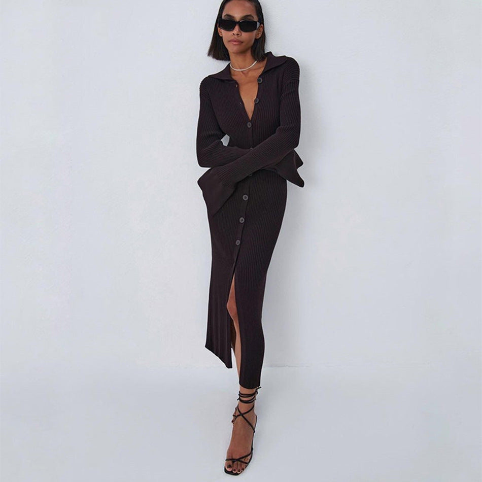 V-neck Long Button Flared Sleeve Sweater Dress