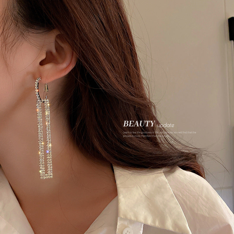 Silver Needle Fashion Diamond Rectangle Earrings Personality